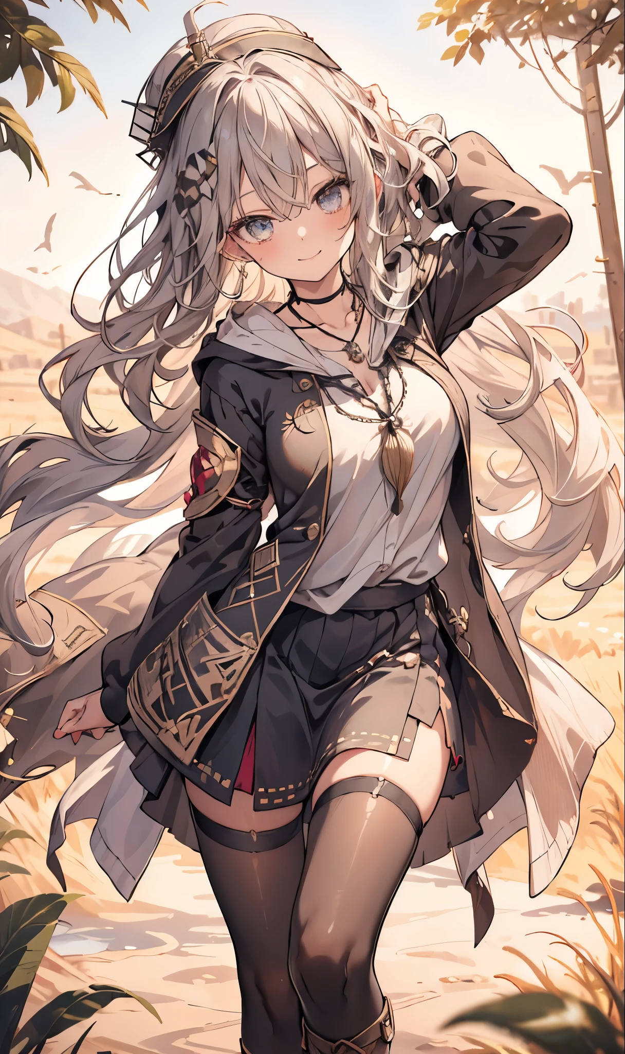 masterpiece, 1 girl, sparrow, a grey haired girl, wearing a medieval priestess clothes, curly long hair, messy hair, slim body, he close her left eye, shirt ornament, ruby eyes, ahoge, baby face, long sleeves, beautiful eyes, droopy eyes, her age is 19, nagisa_bluearchive, seductive face, medium hair, seductive smile, curly hair, wheatfield, MongolPunkAI, medium breasts, view from right down, she tease you, lend a hand to you, she very close to you, smug smile, rainbow_one, priestess clothes, tight span skirt, crocth tattoo, necklace, erotic smile, white clothes, black shirt with hoody, boots, white pantyhose, mitre