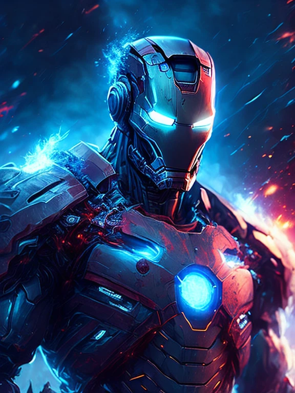 gloomy portrait of Zombie Iron Man from Marvel, extremely detailed, futuristic cityscape, nighttime, glowing neon lights, smoke, sparks, metal shavings, flying debris, blue energy effects, volumetric light