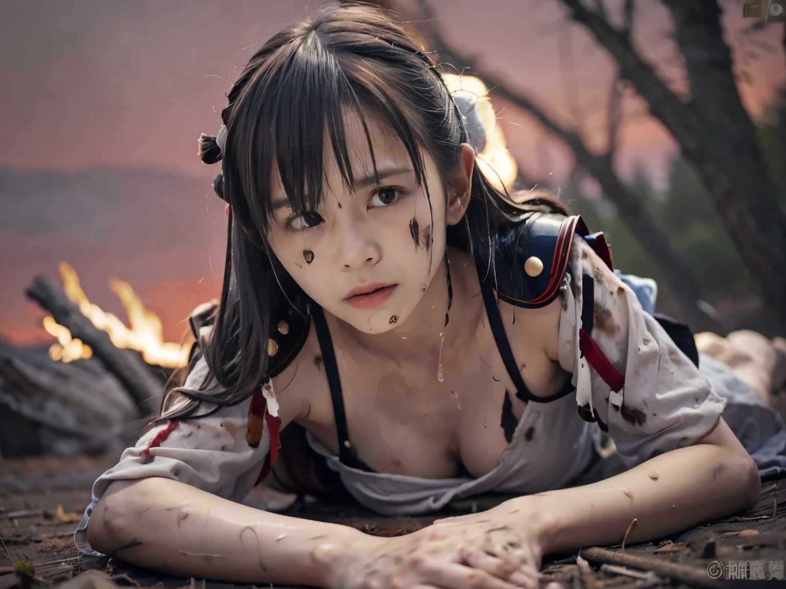 (Master masterpiece), (Raw photography、the best quality), ultra-high-resolution, Professional artwork, superdetailed, intrikate, details face, Perfect Lighting, (1 Girl、独奏:1.2)、Nakoruru、length hair, Red bow, bow, Blue Eye, black har, arma, ainu clothes, Hair Bow, hair band, reverse grip, ngel, Underpants, gloves, extra very long hair, looking at the viewers, poneyTail, Whole human body、Underarms、Naked foot, cleavage of the breast、Sleeveless, Fingerless gloves, in a kimono, obi,(perfect hand:1.5)、(Perfect_Anatomy:1.2)、Octane Render、(Crying、weak and tired eyes、Tears:1.2),(Bruises and blood stains on the face and body、blood flowing from head and face、injuries on body、Damage、Wounds and cuts、bleeding lips:1.3),(Torn clothing、Tattered clothes:1.5)、(Kneeling weakly:1.2)、 (inside forest)、tousled hair、Tired and weak face、(Perfect Body、flawless、perfect thighs)、((Blood stains on clothes、bloody skin:1.3))、(Film lighting)、Soft lighting、Complex and cinematic appearance、Cinema tick writing、Dynamic angles