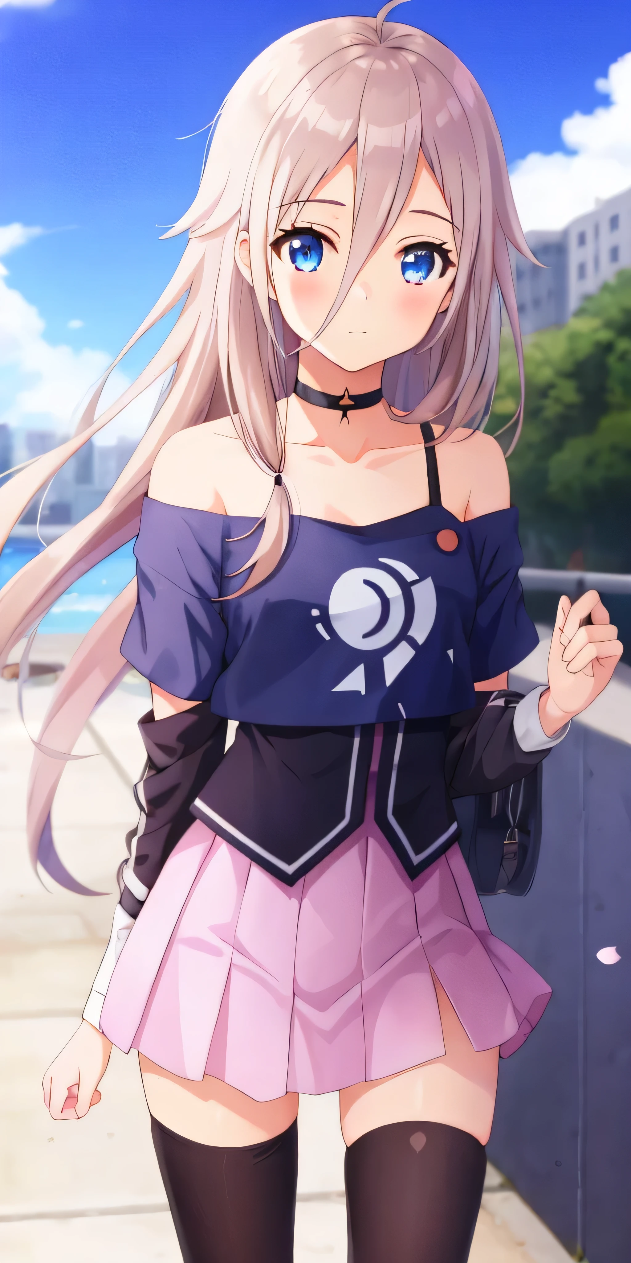 One Girl, IA, Aria of the Planets, Off the shoulder,  black shirt ,  short skirt ,  choker, tights