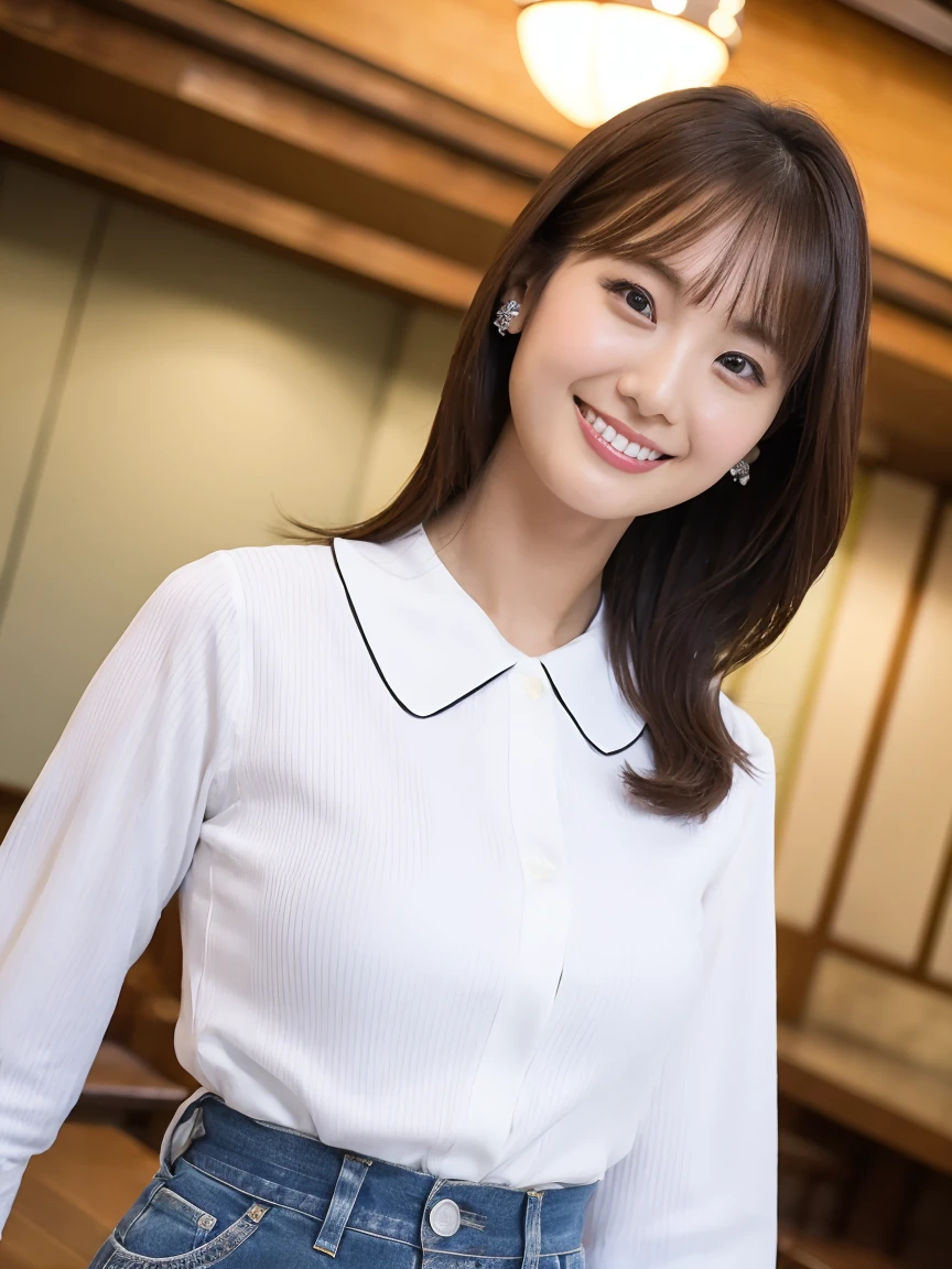 Tabletop, 最high quality, Realistic, In detail, High resolution,Beautiful Japanese Woman,Beautiful attention to detail, Beautiful lip detail, Very detailed顔, Small Head, Small areola, Cinema Lighting, Realistic, 8k, high quality, Very detailed, look at me,smile,(White blouse、Black Pants ),Long Hair,(Coffee shop),(Big Breasts:0.7),(Inoue Kiyokana),whole body, (Breast bulge:0.7),thin,(front図,throw)、whole bodyの姿(Are standing)、front(fortune teller)