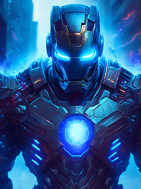 gloomy portrait of Zombie Iron Man from Marvel, extremely detailed, futuristic cityscape, nighttime, glowing neon lights, smoke, sparks, metal shavings, flying debris, blue energy effects, volumetric light