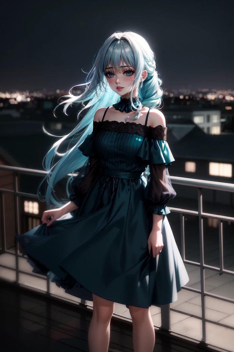 Highly detailed and realistic, soft lighting, cool tones. A girl with long, flowing hair (with a gradient of dark blue and teal) sways gently in the wind on a rooftop. Her hair, slightly tousled yet elegant, bathes in soft sunlight, with subtle reflections bringing out the various shades of blue. She has pale, flawless skin, soft makeup and a hint of red, and her naturally parted lips are slightly open. She looks down and shy, exuding a calm, introspective vibe. She wears a delicate choker and a simple, dark, off-the-shoulder top, amplifying her serene, atmospheric presence.

The scene is shot from the knees up as if it were taken with a smartphone color lens, exuding an intimate, candid atmosphere. A rooftop is shown in the background, with the minimalist city structure blurred to highlight the girl. A soft wind blows her long, wavy hair, subtly interwoven with intricate braids, accentuating her dreamy look. Her eyelashes are tinted, enhancing the overall dreamy atmosphere. A rooftop railing and a cityscape in the distance are visible, and the cool ambient light of an overcast sky creates a serene atmosphere. The overall mood is introspective and peaceful, with her multi-colored hair contrasting beautifully with the serene urban backdrop.