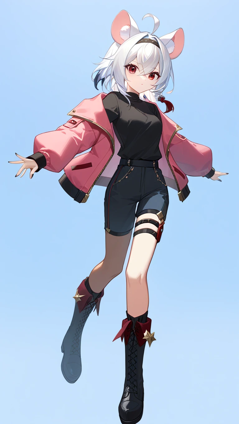 absurd res, high res, (masterpiece:1.4) (/genshin impact/), white hair, red eyes, white mouse ears, short pink jacket with black shirt, black boots, red eyeliner,  full body