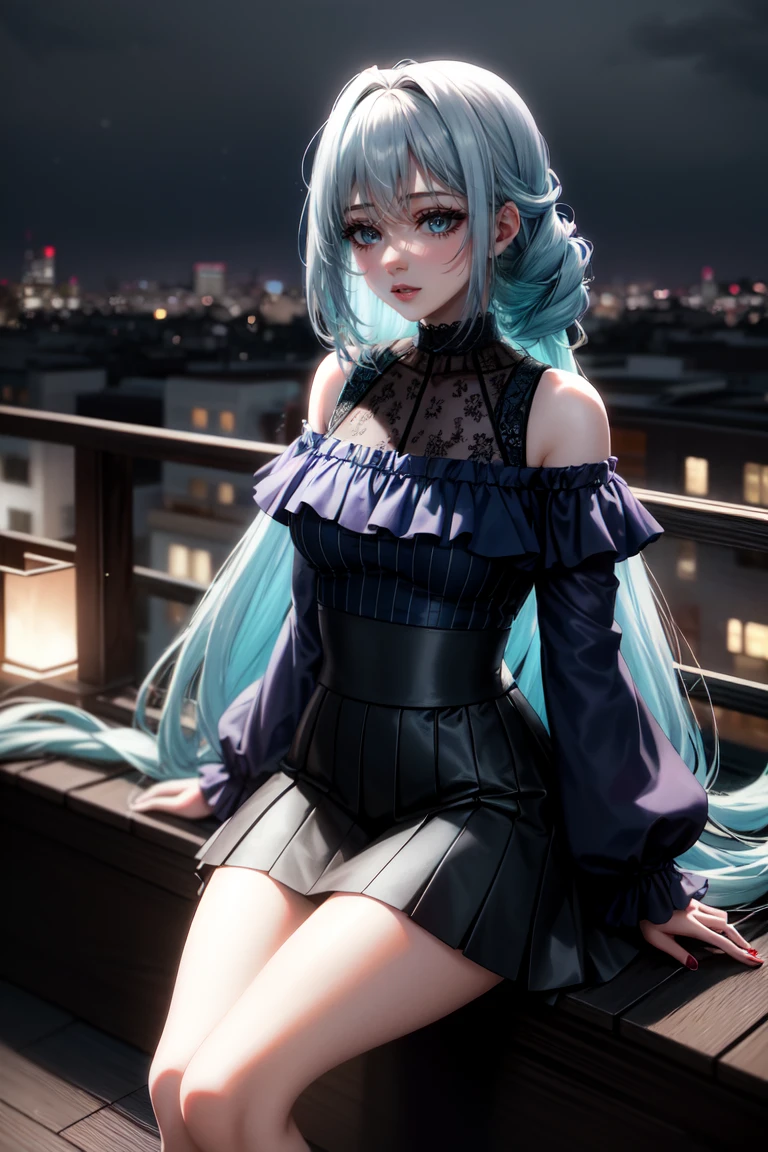 Highly detailed and realistic, soft lighting, cool tones. A girl with long, flowing hair (with a gradient of dark blue and teal) sways gently in the wind on a rooftop. Her hair, slightly tousled yet elegant, bathes in soft sunlight, with subtle reflections bringing out the various shades of blue. She has pale, flawless skin, soft makeup and a hint of red, and her naturally parted lips are slightly open. She looks down and shy, exuding a calm, introspective vibe. She wears a delicate choker and a simple, dark, off-the-shoulder top, amplifying her serene, atmospheric presence.

The scene is shot from the knees up as if it were taken with a smartphone color lens, exuding an intimate, candid atmosphere. A rooftop is shown in the background, with the minimalist city structure blurred to highlight the girl. A soft wind blows her long, wavy hair, subtly interwoven with intricate braids, accentuating her dreamy look. Her eyelashes are tinted, enhancing the overall dreamy atmosphere. A rooftop railing and a cityscape in the distance are visible, and the cool ambient light of an overcast sky creates a serene atmosphere. The overall mood is introspective and peaceful, with her multi-colored hair contrasting beautifully with the serene urban backdrop.