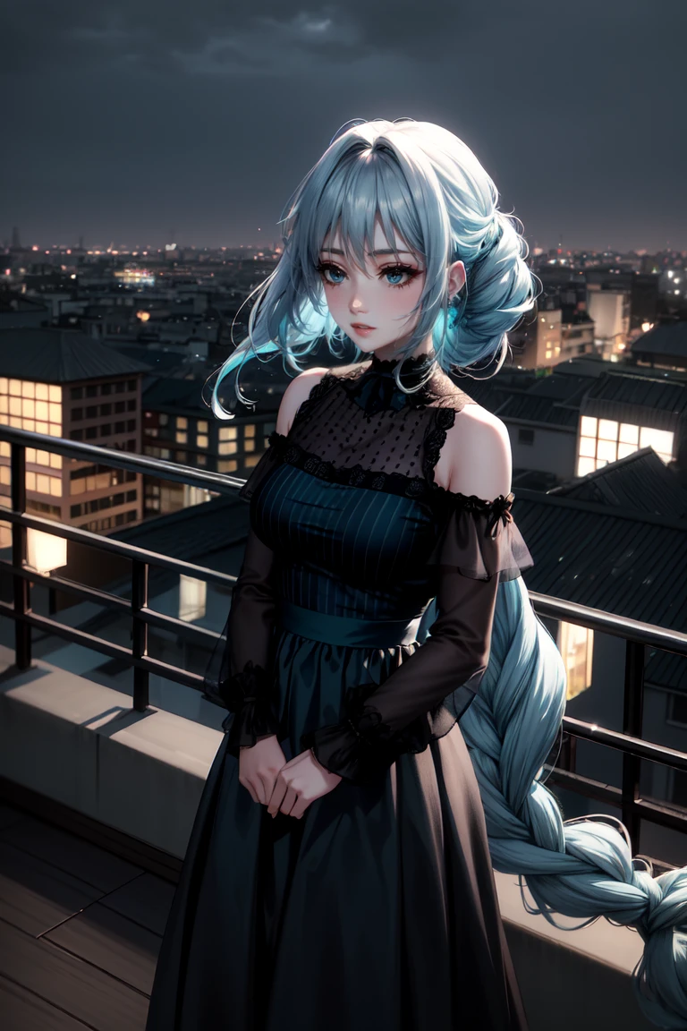 Highly detailed and realistic, soft lighting, cool tones. A girl with long, flowing hair (with a gradient of dark blue and teal) sways gently in the wind on a rooftop. Her hair, slightly tousled yet elegant, bathes in soft sunlight, with subtle reflections bringing out the various shades of blue. She has pale, flawless skin, soft makeup and a hint of red, and her naturally parted lips are slightly open. She looks down and shy, exuding a calm, introspective vibe. She wears a delicate choker and a simple, dark, off-the-shoulder top, amplifying her serene, atmospheric presence.

The scene is shot from the knees up as if it were taken with a smartphone color lens, exuding an intimate, candid atmosphere. A rooftop is shown in the background, with the minimalist city structure blurred to highlight the girl. A soft wind blows her long, wavy hair, subtly interwoven with intricate braids, accentuating her dreamy look. Her eyelashes are tinted, enhancing the overall dreamy atmosphere. A rooftop railing and a cityscape in the distance are visible, and the cool ambient light of an overcast sky creates a serene atmosphere. The overall mood is introspective and peaceful, with her multi-colored hair contrasting beautifully with the serene urban backdrop.