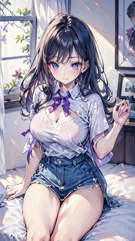 ( higher resolution , unique_image)  The best quality , A woman, masterpiece,  highly detailed , Semi-realistic, 21 years old,  beautiful , Young, handsome, t-shirt, The lilac shirt pulls ,  the collar around the neck, indoor, Modern Room, window, Wake up, morning, blush, Smile