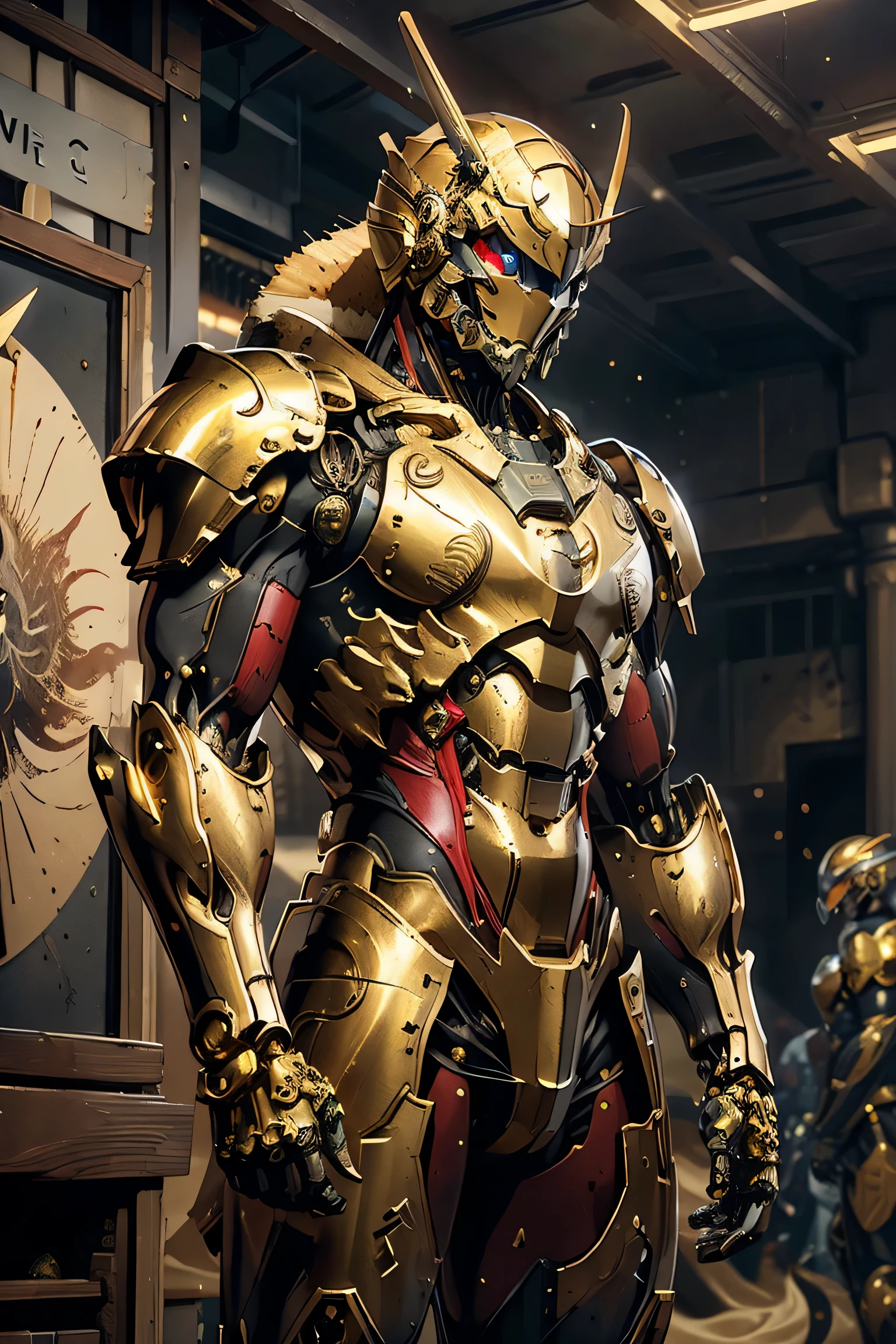 (( with large gold crescent moon symbol on forehead)), ((Sturdy Steel Armor )), (metallic: 1.5, yellow and red suit: 1.5, Machine parts are visible under the suit), (Japanese hero, whole body), (mech bodysuit with swords: 1.5), ((Sandstorm: 1.5)), cyberpunk city, My eyes are shining brightly, Suit parts are large , Lots of LEDs, ( helmet with sharp antennas), Unreal Engine 5, High image quality,  best quality ,  Kampala, Super detailed, Fine painting,  extremely delicate , professional,  anatomically accurate , creativity, RAW Photos, 超 Kampala, 32K, Natural Light, Cinema Lighting, masterpiece-anatomy-perfect, masterpiece:1.5, ( portrait), (action pose), ((was a mecha)), (fur collar ), (Machine Face)