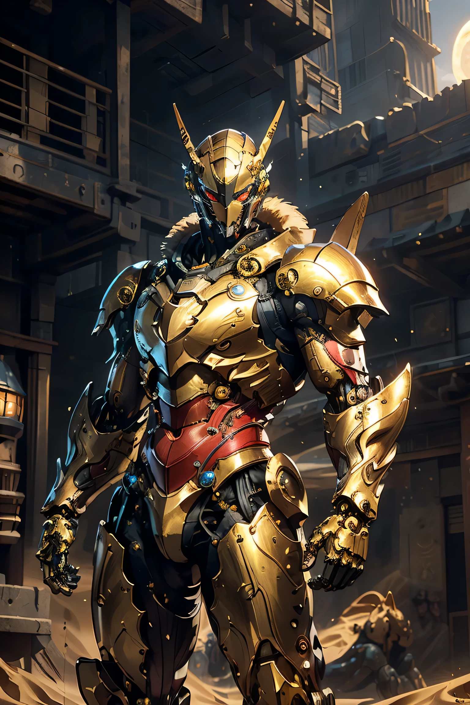 (( with large gold crescent moon symbol on forehead)), ((Sturdy Steel Armor )), (metallic: 1.5, yellow and red suit: 1.5, Machine parts are visible under the suit), (Japanese hero, whole body), (mech bodysuit with swords: 1.5), ((Sandstorm: 1.5)), cyberpunk city, My eyes are shining brightly, Suit parts are large , Lots of LEDs, ( helmet with sharp antennas), Unreal Engine 5, High image quality,  best quality ,  Kampala, Super detailed, Fine painting,  extremely delicate , professional,  anatomically accurate , creativity, RAW Photos, 超 Kampala, 32K, Natural Light, Cinema Lighting, masterpiece-anatomy-perfect, masterpiece:1.5, ( portrait), (action pose), ((was a mecha)), (fur collar ), (Machine Face)