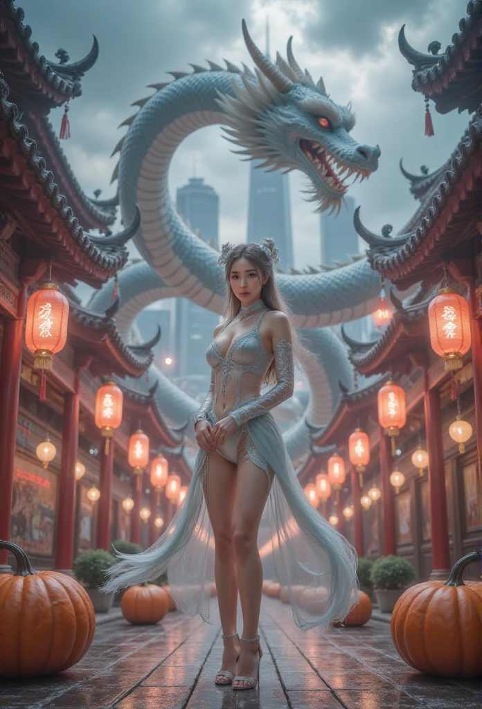 1 woman, There is a dragon behind，Lightning thunder，street上有巨大的南瓜，masterpiece, has the best quality, high resolution,  1 girl at home,From below,(The legs are very thin and straight)，,(Very long legs，[[Straight Legs),,High heel,Long Method,Stand up, Long legs to look at from the front ,   perfect figure ,Have perfect legs,(Appearance)，Full body adulterer，Cyberpunk Characters，Dynamic poses， 1 girl at home，  Delicate Eyes  ，Brown eyes，Eyeshadow，Fabrication， long gray hair ， Detailed face，  detailed eyes，  View Audience， blush\（Fabrication\），  full lips ， Red lips，（ long gray hair ：1.3）， （Stand up）Mechanical static，Mechanical Summoning，(Hair accessories:1.1)，Headdress，((((Red school uniform，Short shorts))))，(  black pantyhose)，City，Luminous winding，，Cyberpunk Lights:1.1)，neon， Full of mechanical and futuristic elements ， technology，背景是一条传统的中国street，Chinatown， street， sky sky， Cyberpunk Characters， Paper Lanterns， neon Super Resolution，（Realism：1.3），1（：1.2），  dramatic lighting  ，Vivid details，Luxury Cyberpunk， Complex Background ，Rendered by Octane，