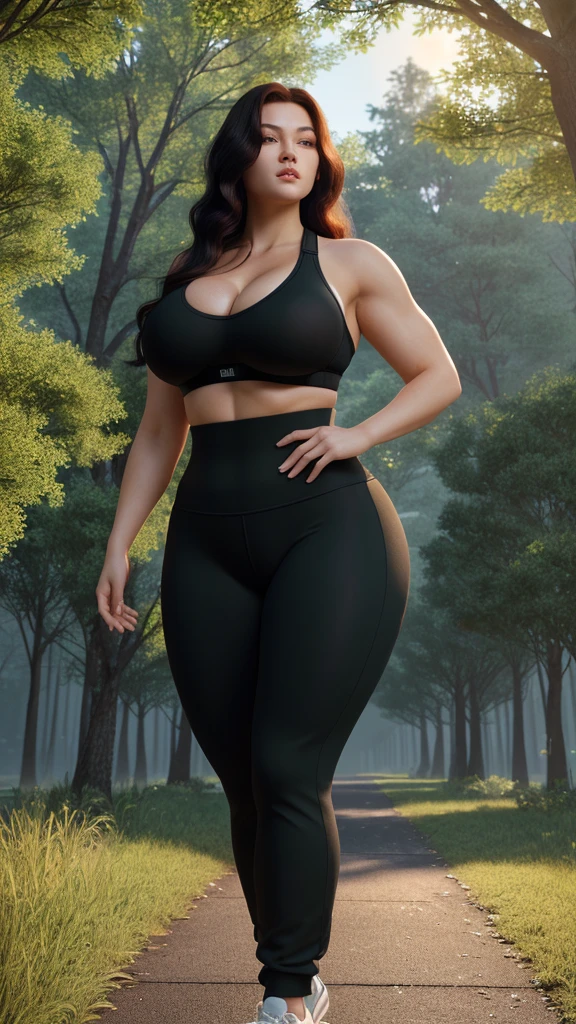 a beautiful curvy muscular redheaded Caucasian woman with green eyes, a beautiful curvy muscular Japanese woman with long black hair, a beautiful curvy muscular blonde woman with retro hairstyle, walking in a lush park at sunrise, wearing tight sports bras and sweatpants, large breasts and buttocks, bursting breasts, ass visible from front, 2.5D anime art, detailed facial features, highly detailed, intricate, photorealistic, 8k, HDR, physically-based rendering, vivid colors, dramatic lighting