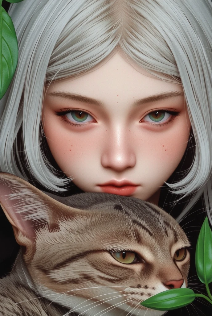 mj_animated_ portrait of a woman with straight silver hair  , his intense gaze like a big bare Egyptian cat hugging him, the dark background of the jungle highlights the mystery ,
