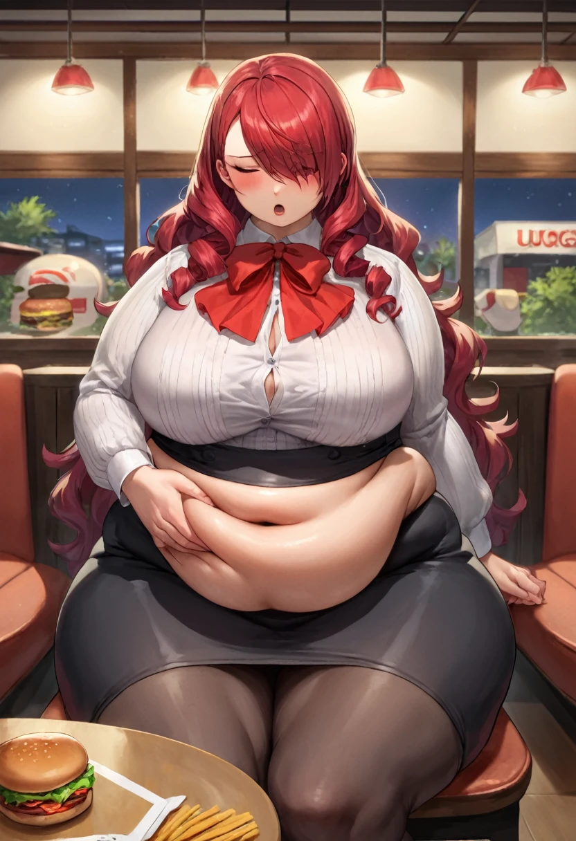 score_9, score_8_up, score_7_up, source_anime, solo, 1girl, kirijodef, hair over one eye, gekkoukan high school uniform, white shirt, long sleeves, red bow, black skirt, restaurant, night, burger, sitting in chair, table, morbidly obese, she has a massive jiggly round fat belly, wide hips, chubby, very curvy, pudgy belly, heavy belly, thick, thick, soft belly, large_breasts, cleavage, sexy hips, grabbing belly, heavy cleavage, legs spread apart, tight clothes, ((massive hips)), (big belly), big breasts, chubby arms, moaning, eyes_closed ,blushing, viewed_from_side, 