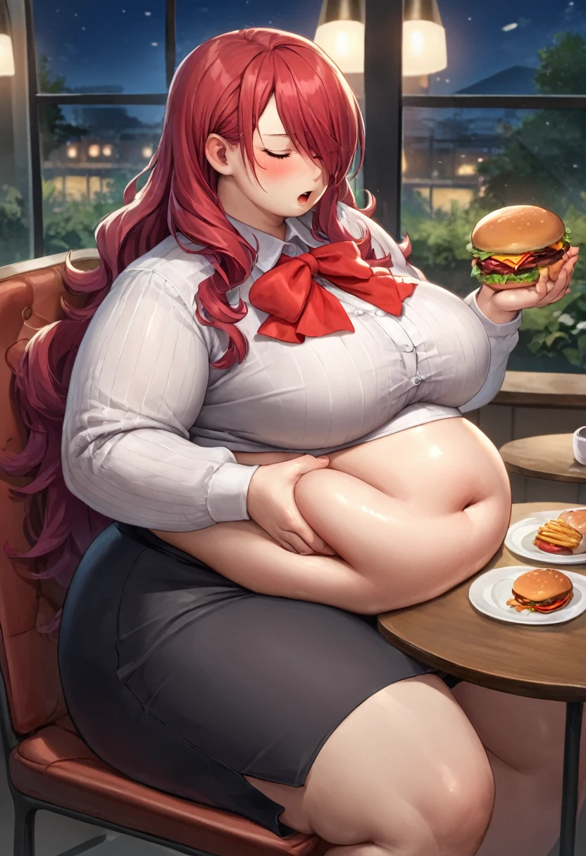 score_9, score_8_up, score_7_up, source_anime, solo, 1girl, kirijodef, hair over one eye, gekkoukan high school uniform, white shirt, long sleeves, red bow, black skirt, restaurant, night, burger, sitting in chair, table, morbidly obese, she has a massive jiggly round fat belly, wide hips, chubby, very curvy, pudgy belly, heavy belly, thick, thick, soft belly, large_breasts, cleavage, sexy hips, grabbing belly, heavy cleavage, legs spread apart, tight clothes, ((massive hips)), (big belly), big breasts, chubby arms, moaning, eyes_closed ,blushing, viewed_from_side, 