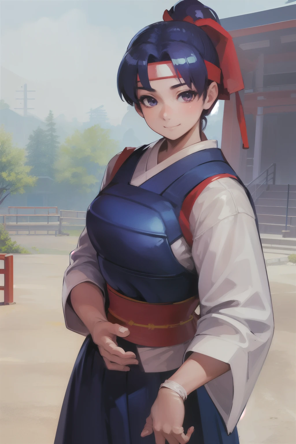 ( masterpiece , better quality, high resolution),cowboy shot, 1 girl, Alone , Profit MS , headband, Japanese clothes, hakama,  hakama, dougi, ou, track,  blue too ,  lifting the skirt ,  showing panties,  beautiful smile 