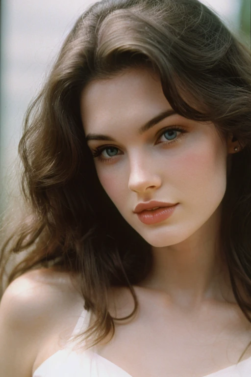 very beautiful girl, blowout wavy Hair, 1994 style, pale porcelain skin, grainy film, old money modest style, medium shot