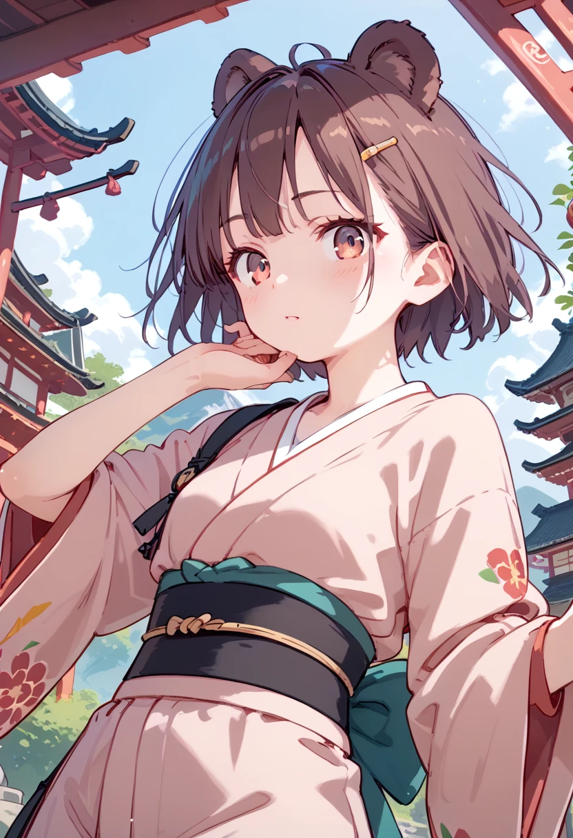 1girl, bear ears, brown hair, extra ears, japanese clothes, kimono, short hair, ninja