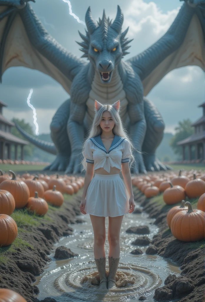 1 woman, There is a dragon behind，Lightning thunder， with huge pumpkins on the street ，direction, Silver Hair,   heart-shaped student  , Cat ears朵, Grin, Glowing Light, Film Grain, 8K,  superdetail, Precise,  has the best quality, 1080P,  Ultra HD, 8K animal ears，Blushing，schoolgirl， white sailor suit with pink hair, blue collar ，cry，fall，Cat ears， a ，Shoot a real person ， has the best quality，masterpiece， extremely delicate and beautiful ，Very  detailed，CG，8K， Amazing Cleavage ， detailed，masterpiece， has the best quality at best，Very  detailedd CG unity 8k wal，Wearing boots ， with pink hair ,   with legs stuck in the mud  ,  full of dirt ,  struggling in a muddy swamp 