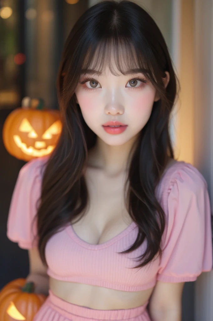   Happy Halloween,(  Details), Midnight、darkroom ,  There are lots of Halloween lanterns in the background、  hyper detail , Realistic Portrait ,  perfect face.Teenage Girl,   Blue eyes with crisp double eyelids and long eyelashes  , Realistic Face,  Details skin, 非常に Detailsな唇, Big Mouth , full,   plump, shiny pale pink lips ,  Natural makeup , clear lip gloss, Long Pink Hair,  Forehead bangs   ,    trick or treat  、  I have a basket of small Halloween lanterns 、 I'm wearing a Halloween costume ,  Orange high-waisted pleated skirt   , Soft Shadows,  Cozy and relaxed vibe   .