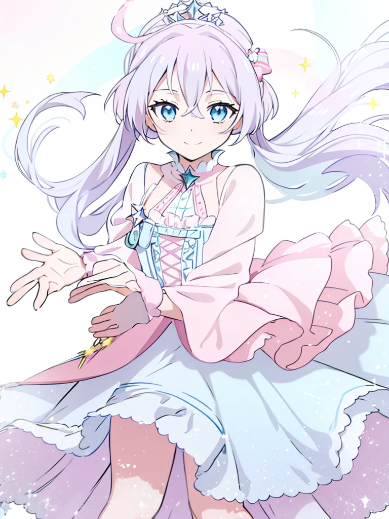 ultra detailed, long Celeste hair with pink highlights, white dress with pink, wing style sleeves, bow in the center with a 12-pointed star, wears a tiara, has blue eyes, is smiling.