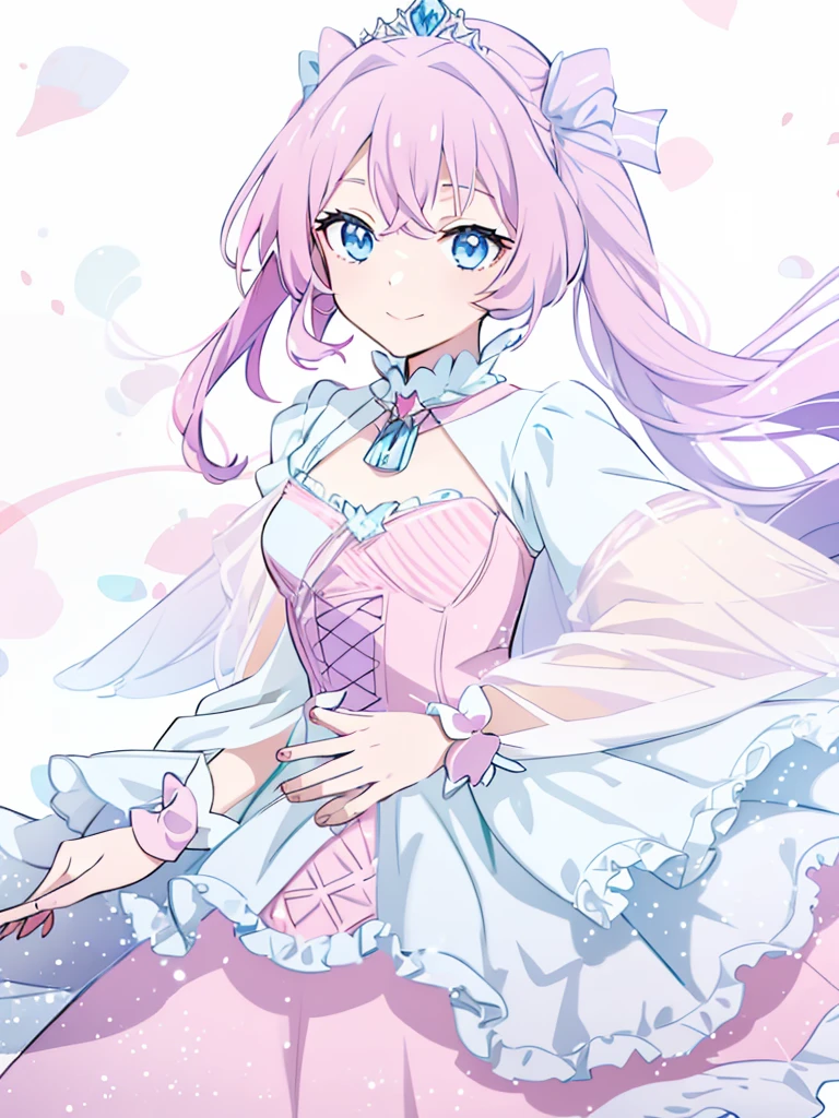 ultra detailed, long Celeste hair with pink highlights, white dress with pink, wing style sleeves, bow in the center with a 12-pointed star, wears a tiara, has blue eyes, is smiling.