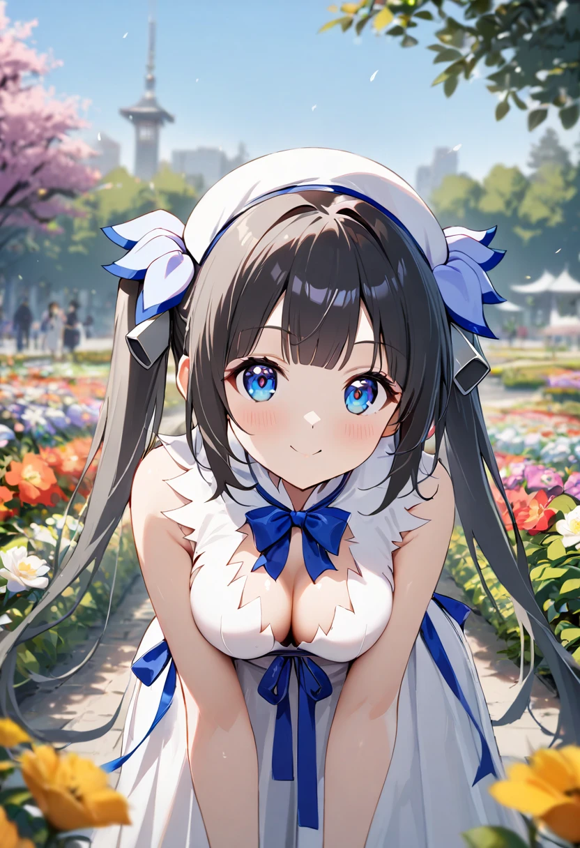 1girl, hestia \(Danmachi\),l2v ,looking at viewer,character focus,leaning forward,flower,park,flower garden, Cantonese opera cartoon characters,blurry background,deph of field,((masterpiece)),anatomy correct,