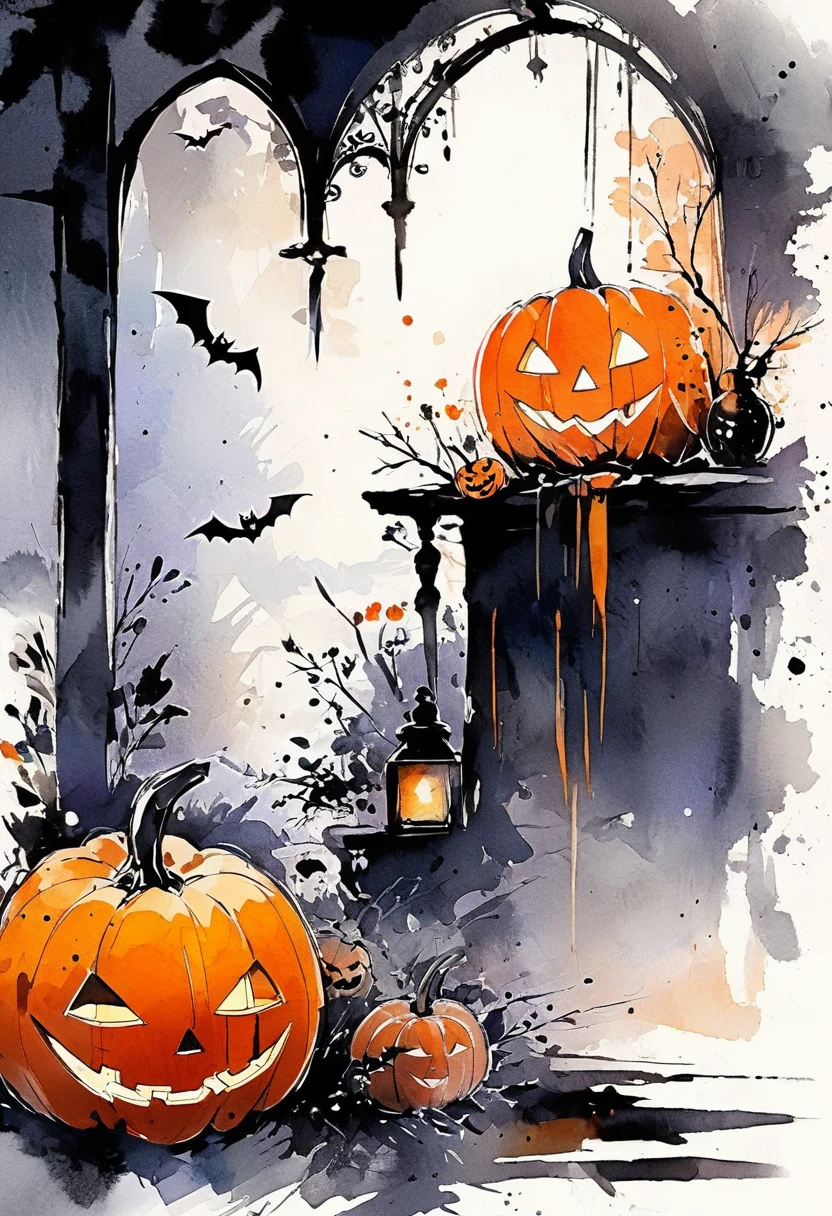 cheap rough sketch style drawn with watercolors, ink painting, and finger painting, Halloween Scenery, delicate and dynamic textures, contrasts of light and shadow, BREAK ultra detailed, absolutely resolution, best quality