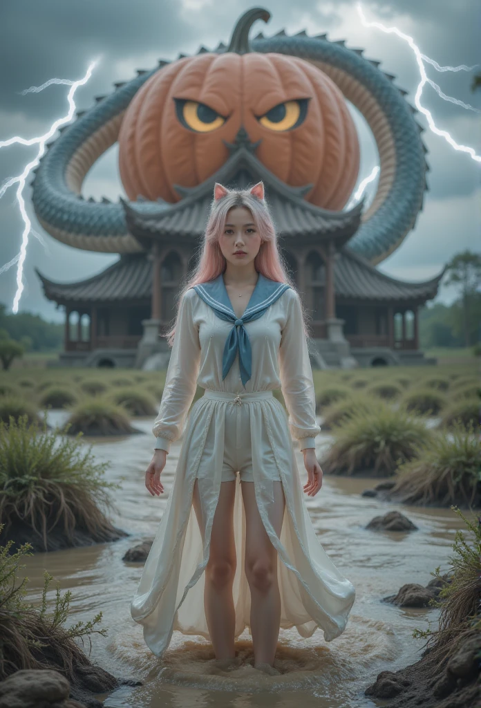 1 woman, 身后有中国巨龙，Lightning thunder，There is a Chinese dragon behind the huge pumpkin house ，direction, Silver Hair,   heart-shaped student  , Cat ears朵, Grin, Glowing Light, Film Grain, 8K,  superdetail, Precise,  has the best quality, 1080P,  Ultra HD, 8K animal ears，Blushing，schoolgirl， white sailor suit with pink hair, blue collar ，cry，fall，Cat ears， a ，Shoot a real person ， has the best quality，masterpiece， extremely delicate and beautiful ，Very  detailed，CG，8K， Amazing Cleavage ， detailed，masterpiece， has the best quality at best，Very  detailedd CG unity 8k wal，Wearing boots ， with pink hair ,   with legs stuck in the mud  ,  full of dirt ,  struggling in a muddy swamp 