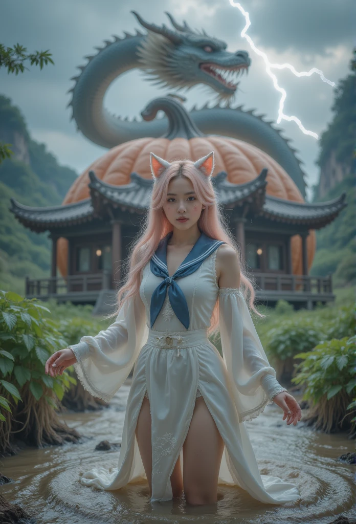 1 woman, 身后有中国巨龙，Lightning thunder，There is a Chinese dragon behind the huge pumpkin house ，direction, Silver Hair,   heart-shaped student  , Cat ears朵, Grin, Glowing Light, Film Grain, 8K,  superdetail, Precise,  has the best quality, 1080P,  Ultra HD, 8K animal ears，Blushing，schoolgirl， white sailor suit with pink hair, blue collar ，cry，fall，Cat ears， a ，Shoot a real person ， has the best quality，masterpiece， extremely delicate and beautiful ，Very  detailed，CG，8K， Amazing Cleavage ， detailed，masterpiece， has the best quality at best，Very  detailedd CG unity 8k wal，Wearing boots ， with pink hair ,   with legs stuck in the mud  ,  full of dirt ,  struggling in a muddy swamp 