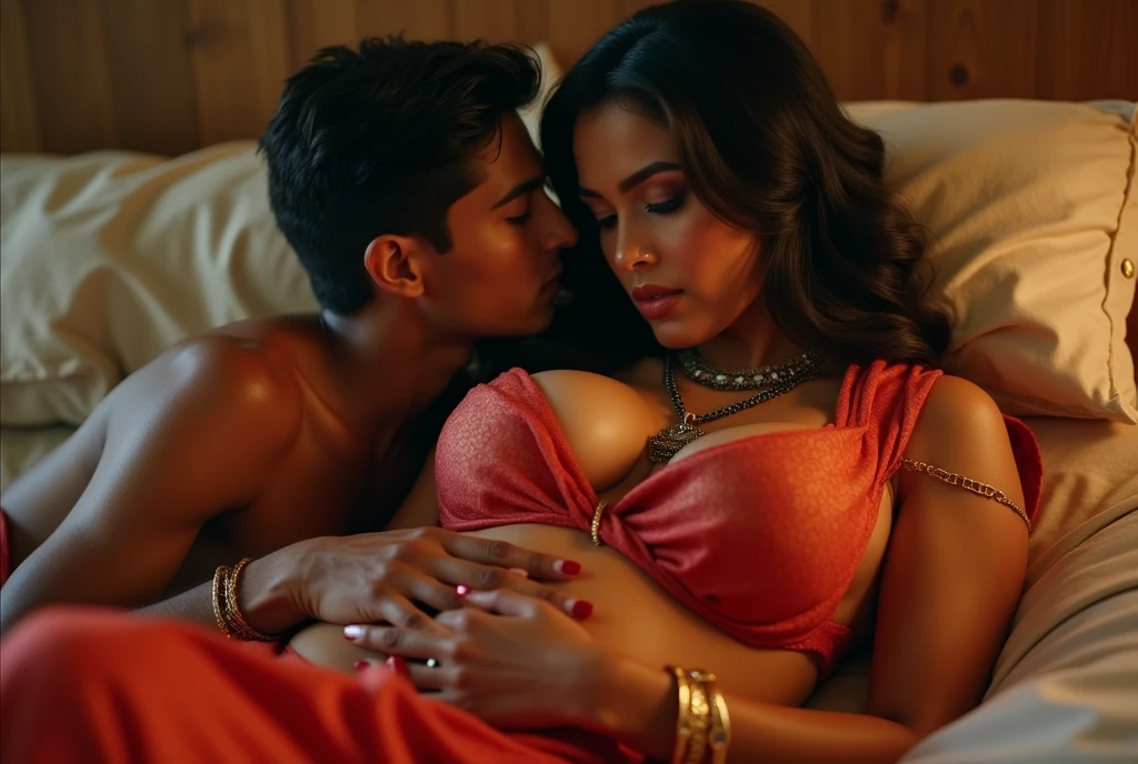 photo of Voluptuous Mature Indian Aunty, Dusky skin and Wet body, Wearing Yellow Kurti and Stole Tied around her Neck, Wearing Bangles in Hand, Large U Cut Cleavage exposed, Lying on Bed and Kissing a Young Man sensually on Lips, dim light in the room.