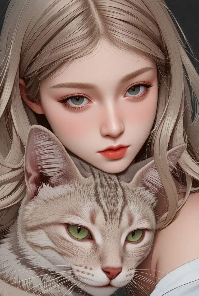 mj_animated_portrait, of a bright-skinned woman with smooth, silver hair , his intense gaze like a big bare Egyptian cat hugging him, the dark background of the jungle highlights the mystery ,