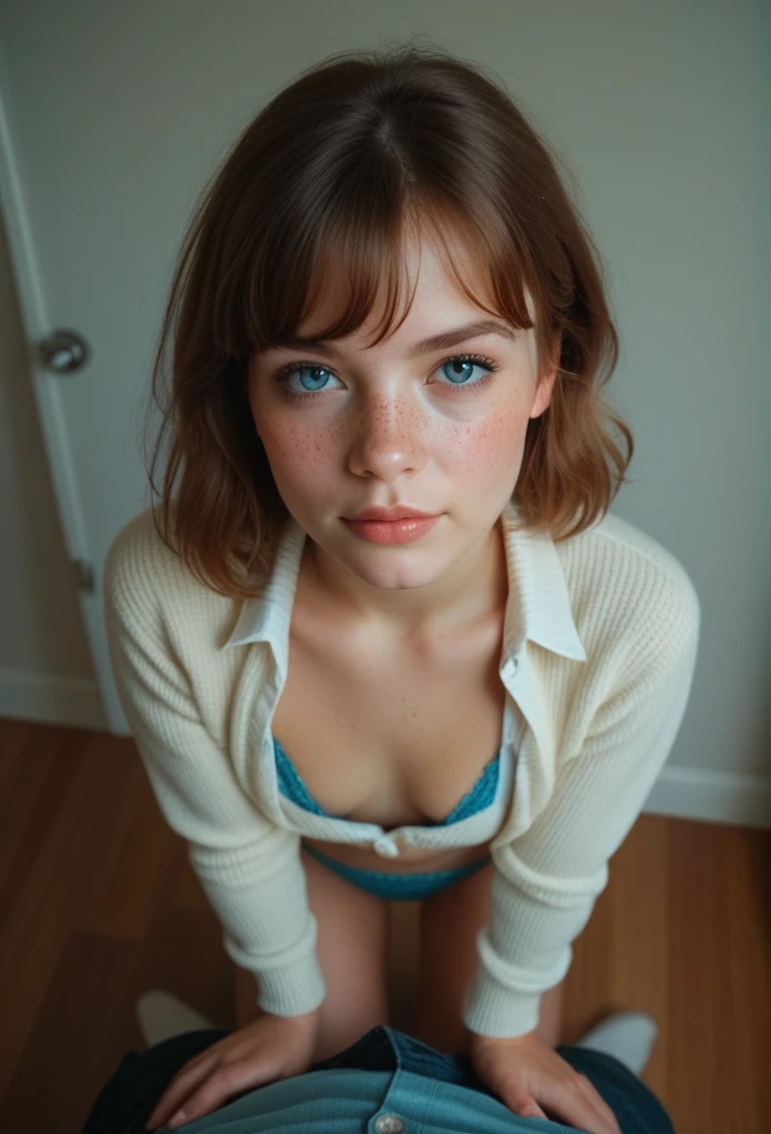 a cute 18 year old college girl with long brown hair, vivid blue eyes, freckles, and a small but attractive figure, wearing an unbuttoned sweater and boy cut panties, looking up at the viewer with an innocent yet seductive expression, photo taken from above with her on her knees, wet, detailed face, best quality, 8k, highres, masterpiece, ultra-detailed, realistic, photorealistic, sharp focus, studio lighting, physically-based rendering, extreme detail description, vivid colors