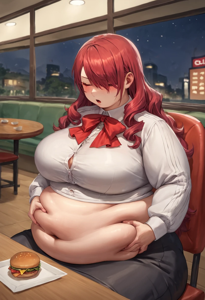 score_9, score_8_up, score_7_up, source_anime, solo, 1girl, kirijodef, hair over one eye, gekkoukan high school uniform, white shirt, long sleeves, red bow, black skirt, restaurant, night, burger, sitting in chair, table, morbidly obese, she has a massive jiggly round fat belly, wide hips, chubby, very curvy, pudgy belly, heavy belly, thick, thick, soft belly, large_breasts, cleavage, sexy hips, grabbing belly, heavy cleavage, legs spread apart, tight clothes, ((massive hips)), (big belly), big breasts, chubby arms, moaning, eyes_closed ,blushing, viewed_from_side, 