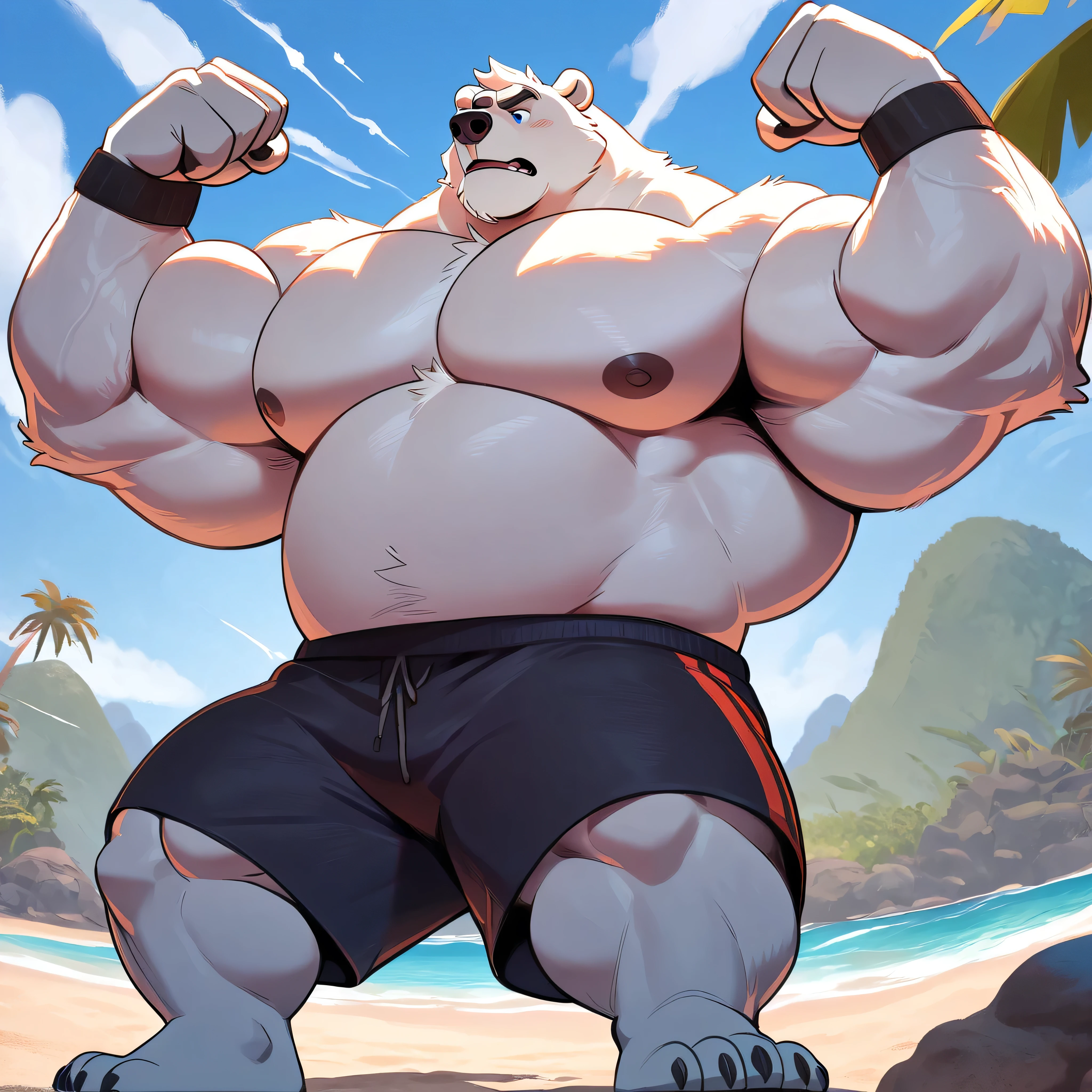 huge muscular polar bear in Tropical island beach, big grunting expression growl, polar bear, huge white fur, thick arm, huge arm, huge white fur, thick arm, huge arm, added gray mustache, added gray beard, short white hair, height: 220cm, weight: 440lbs, (veiny bulked up muscular, pectoral, wide pectoral, thick bulky arms), Walt Disney 2D Zootopia Animation Art Style, detailed gray eyebrows, detailed eyes with blue pupils, (wearing black swim trunks with blue slits, wristbands, shirtless, topless and feet), bouncing his pecs, flexing his biceps and his thorax