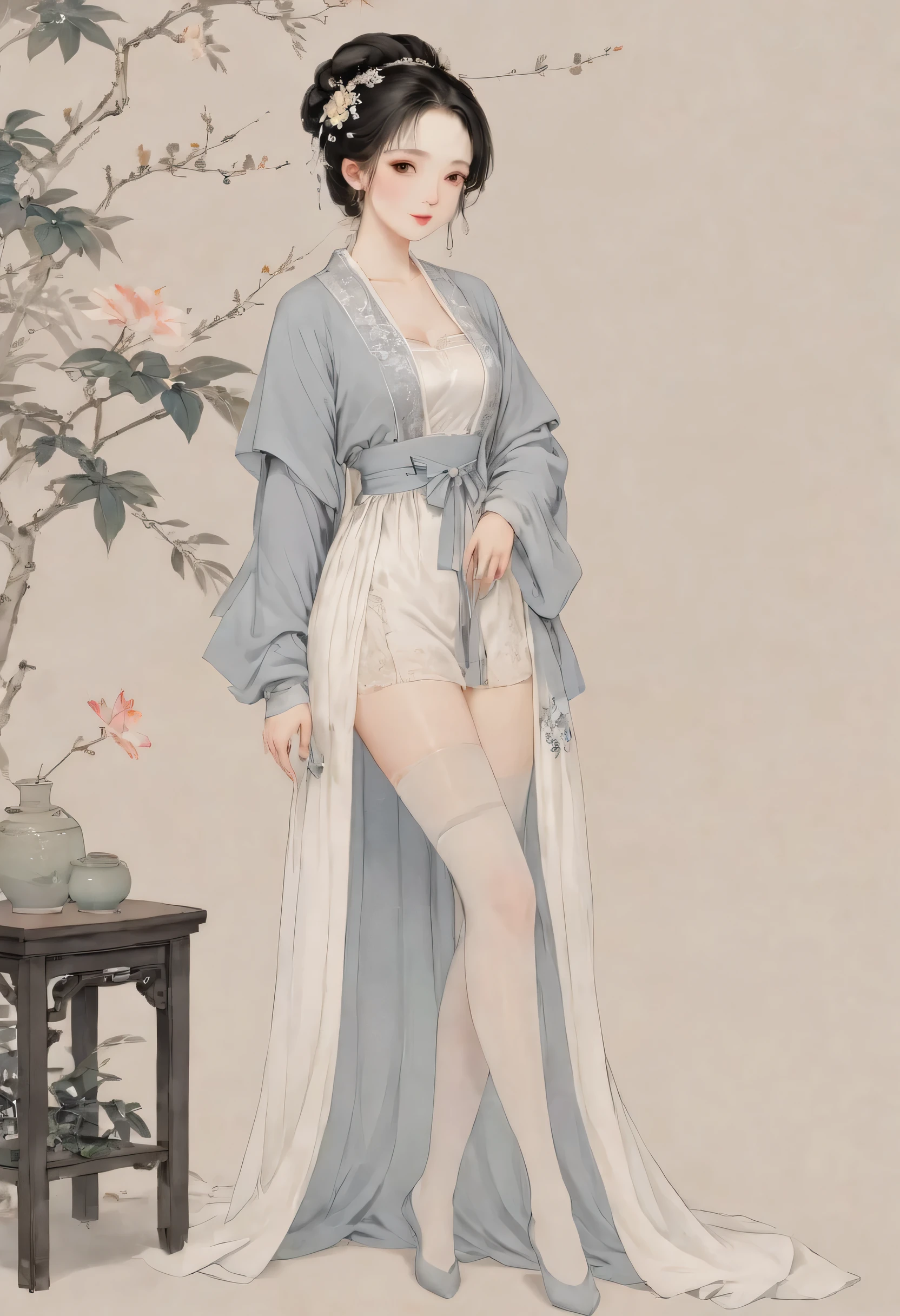 8k, masterpiece, best quality, 2D, ( Traditional Chinese Ink Painting :0.2),Wearing Hanfu, grey pantyhose, The grey pantyhose on the legs are exposed,Long Legs, Seductive Postures, Sexy pose, Very beautiful slender legs , Juicy legs, Wear a Short skirt, Long, thin legs , Beautiful legs, Cute and elegant pose, sexy look, Very beautiful slender legs,pale milky white porcelain skin, good hips and Long Legs,Breast fullness,young body, Expose thighs