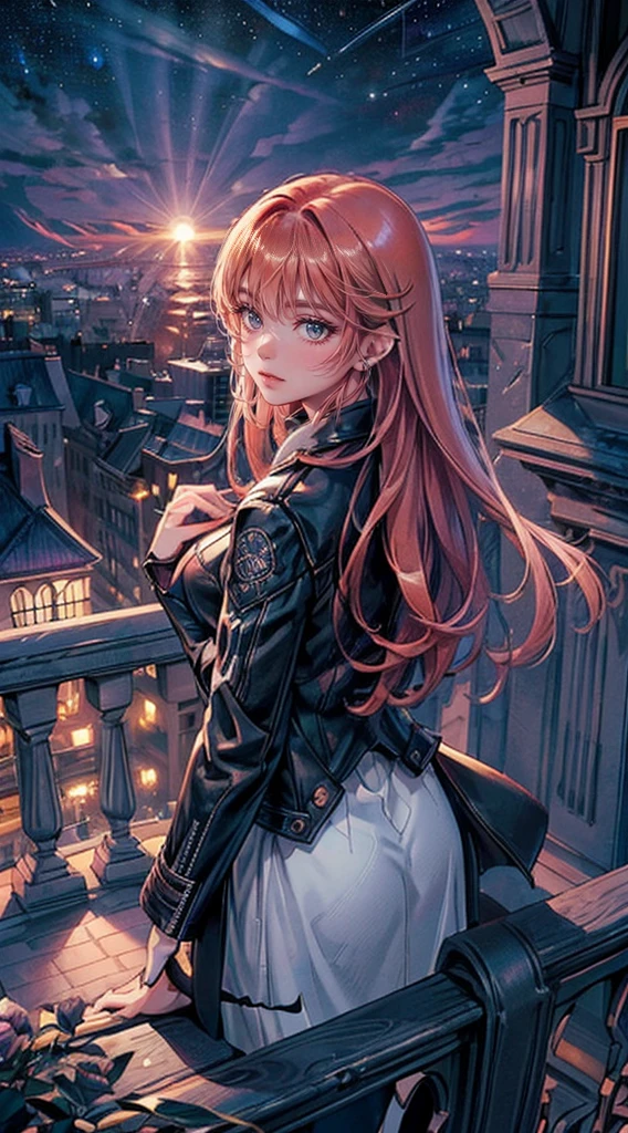 ((4K works))、​masterpiece、(top-quality)、One Beautiful Boy、Slim body、tall、((Black leather 
Jacket  and short purple dress、Charming street style))、(Detailed beautiful eyes)、Stylish English Black Balcony、Castle inhabited by villains、Black shop window、Balcony at night、((Starry sky in the background))、((dark sky))、((Stylish cityscape))、((Shot on a stylish veranda))、mid night、((Shlong-hair,red hair))、((Smaller face))、((Neutral face))、((White eyes))、((Korean Makeup))、((elongated and sharp eyes))、((Happy dating))、(Upper body photography))、Professional Photos、((Shot alone))、((shot from back))、((Shot so that the back of the head is visible))、((Shot in close proximity to her))、((Focus zoom in))、((she is watching the sunset))、((she is standing on the balcony))