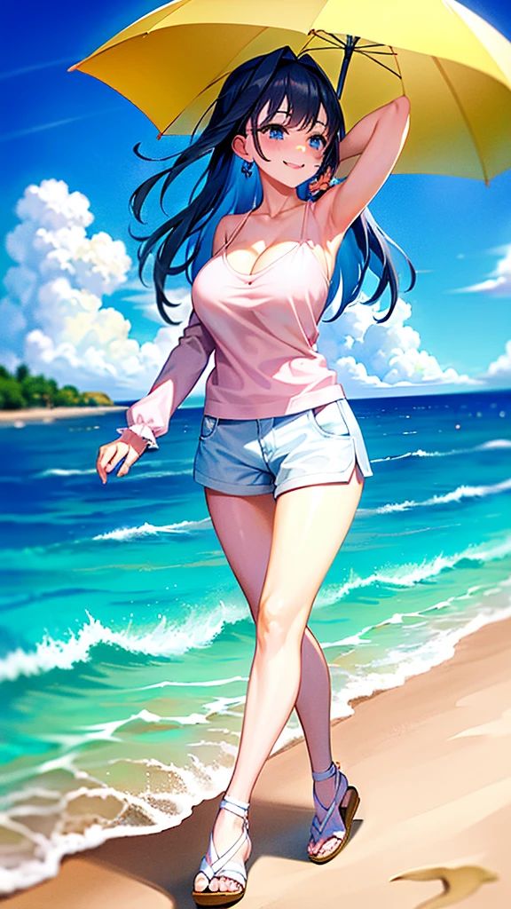 Full body depiction.Outfit: Light pink camisole, beige lace cardigan, white shorts, espadrille sandals.
Location: Beach.
Pose: Smiling, walking on the beach, hair blowing in the wind, showing armpits, emphasizing chest.(Image:3k Pixels.Draw with beautiful lines. Number of people: 1 person).(1 right arm).(1 left arm).(1 right leg).(1 left leg).((Perfectly balanced 5 fingertips)).