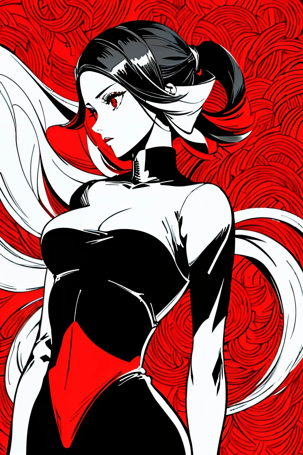 red_negro_white,( masterpiece ,  of the highest quality :1.3), 1 girl, cel shading, bold outline, flat color, Sharp shadow, Graphic style, (manga influence), Beautiful linear drawing, (striking images),colorful background