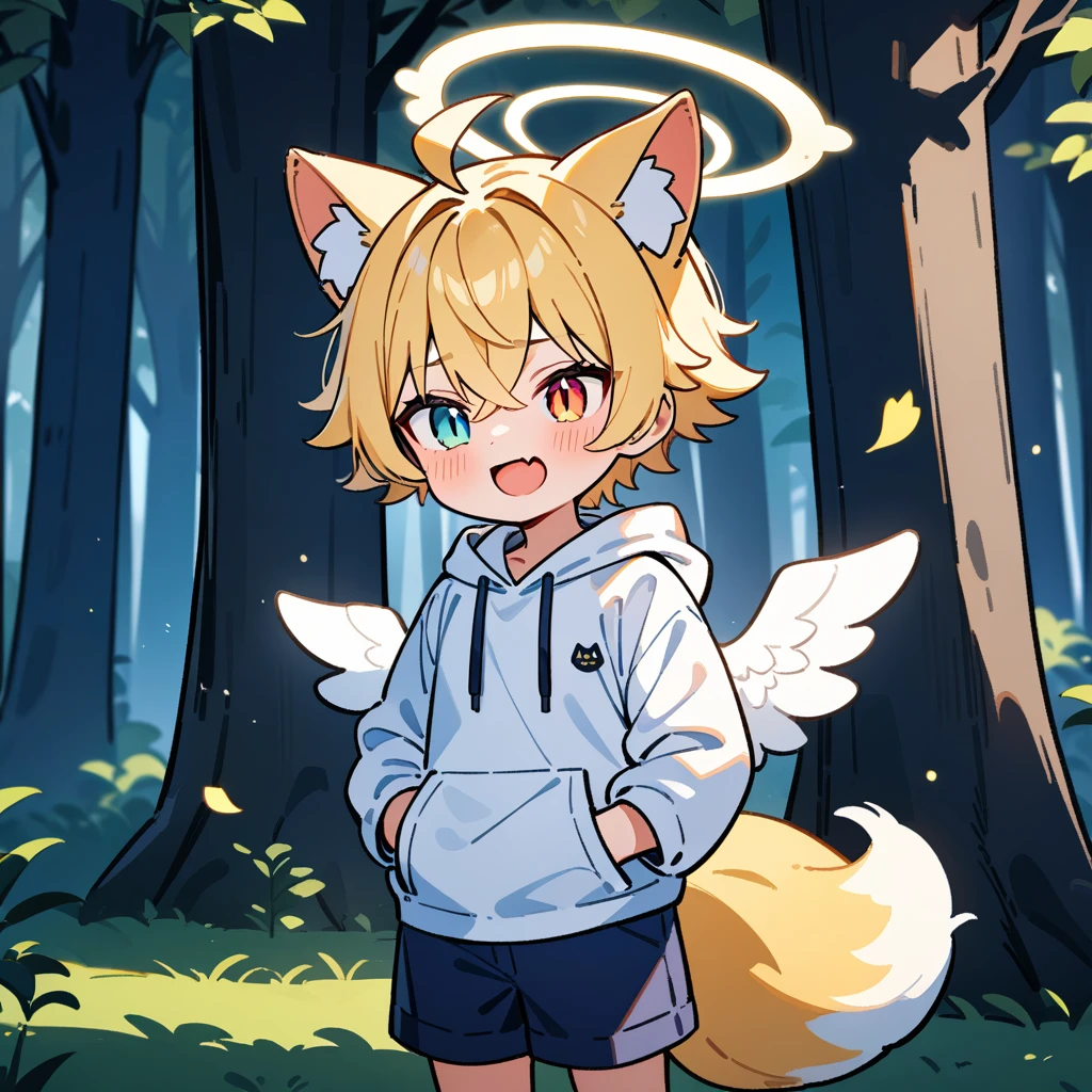 （masterpiece：1.2，high quality），8k，High resolution，A seven-year-old boy，cute boy， blonde hair，short hair，crossed bangs， heterochromia，slit pupils， ahoge，cat ears，halo on the head，（halo），laughing，skin fang，There are white angel wings behind，Wearing a white hoodie，Dark blue shorts，Standing outdoors，Flowering tree branches，In the forest.，primary school student，thigh，fox tail，alone，((Put your hands in your pockets))