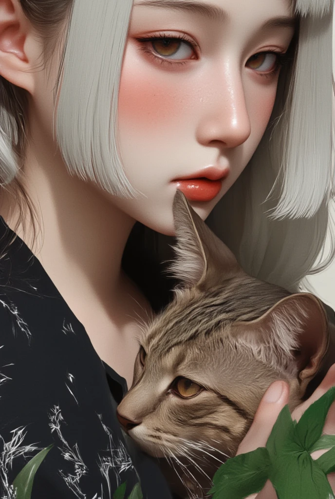 mj_animated_portrait,  of a woman with shiny wet skin, with straight silver hair  , his intense gaze like a big bare Egyptian cat hugging him, the dark background of the jungle highlights the mystery ,