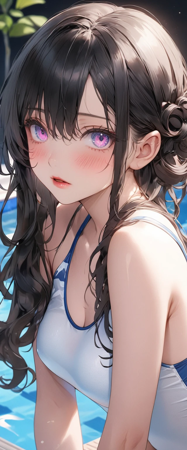 (8 year old girl kissing、)Licking fingers、Black Hair、(See through)、Breast enlargement background outdoor pool、(My body is soaked..5)、Long wavy hair and braids、Realistically、(Two 8歳の女の子s hugging each other, ((Gross 5.5))(She is wearing a light purple swimsuit.),,Accentuate your cleavage,Looking up from below,blush,moist pink lips,sexy,Own,Please open your mouth wide、Place your arms behind your head、