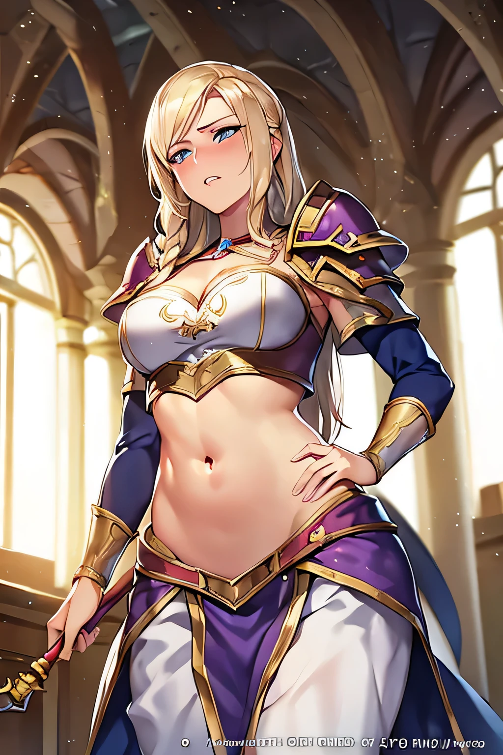 super fine illustration, vibrant colors, masterpiece, sharp focus, best quality, depth of field, ultra detailed, 1girl, solo, blush, purple waist cloth, long sleeves, armor,  warcraft, world of warcraft, WOW, jaina proudmoore, Elegant, looking down, blonde hair, body armor, shoulder pad armor, body armor, white skirt, red lipstick, night, indoors, leaning, hand on own stomach, shocked, afraid,  red lips, teeth, navel, embarrassed, medieval, pouting, midriff, belly