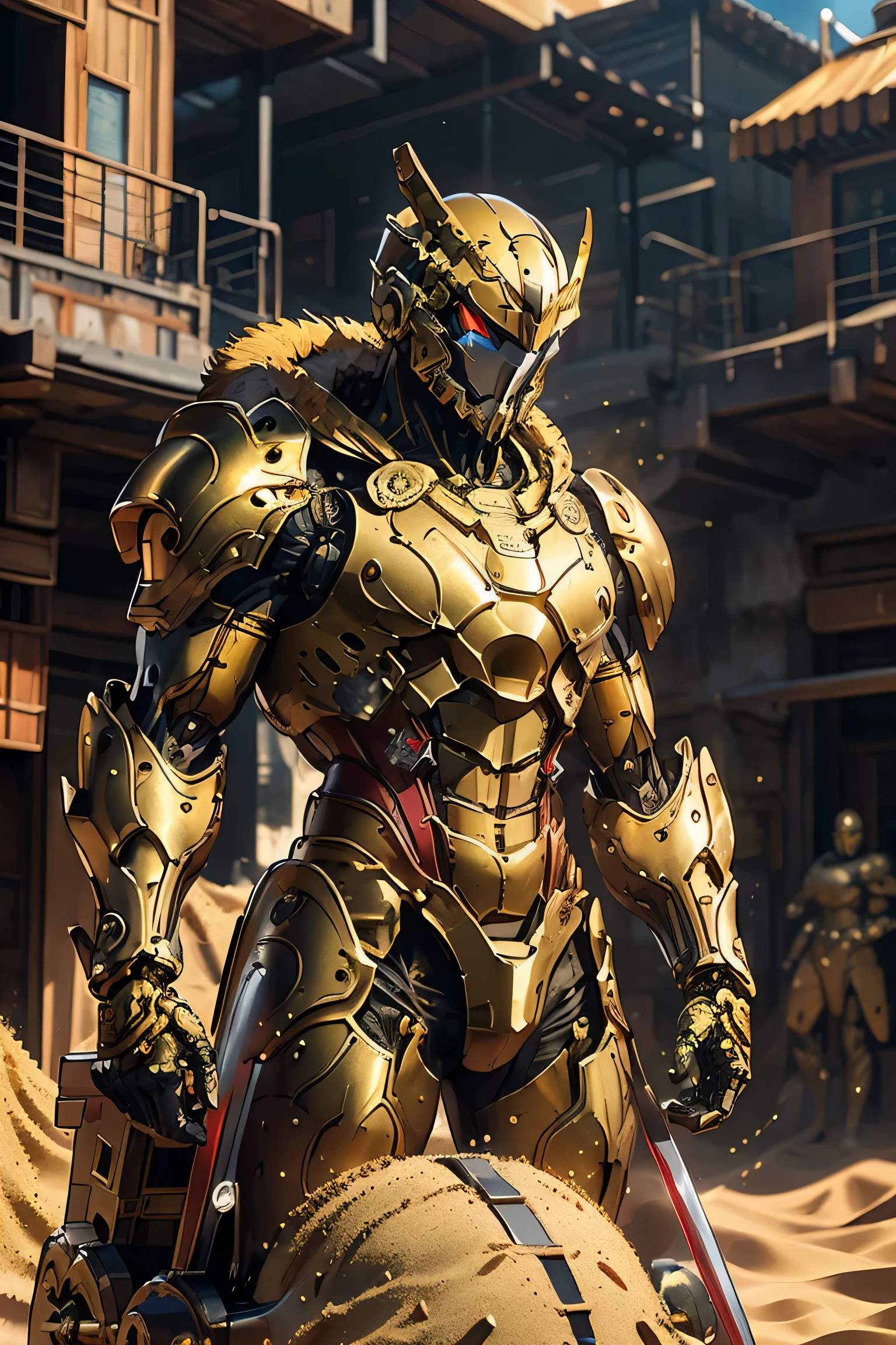 (( symbol of a large gold crescent moon on the forehead)), ((Sturdy Steel Armor )), (metallic: 1.5, yellow and red suit: 1.5, Machine parts are visible under the suit), (Japanese hero, whole body), (mech bodysuit with swords: 1.5), ((Sandstorm: 1.5, Sand rolling up all over : 1.5)), cyberpunk city, My eyes are shining brightly, Suit parts are large , Lots of LEDs, ( helmet with sharp antennas), Unreal Engine 5, High image quality,  best quality ,  Kampala, Super detailed, Fine painting,  extremely delicate , professional,  anatomically accurate , creativity, RAW Photos, 超 Kampala, 32K, Natural Light, Cinema Lighting, masterpiece-anatomy-perfect, masterpiece:1.5, ( portrait), (action pose), ((was a mecha)), (fur collar ), (Machine Face)