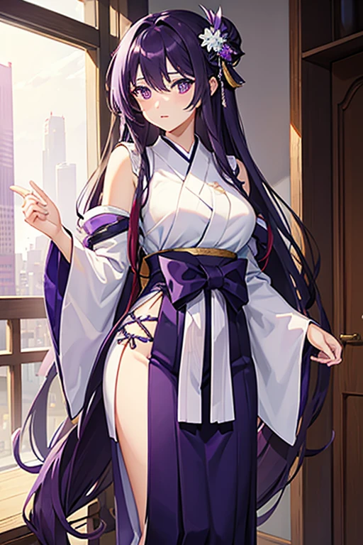 (Highest quality), (masterpiece),Black Hair, Purple Eyes, Purple kimono, Exposing shoulders, ,Fair skin, Long Hair, Long Bangs,  Small breasts, Confused eyes, snow, sexy, Cemetery, Cross Grave, jitome, evil grin smile, indian style, half closed eyes, Off Shoulder, ass pov, pale skin, flat chest, wavy hair