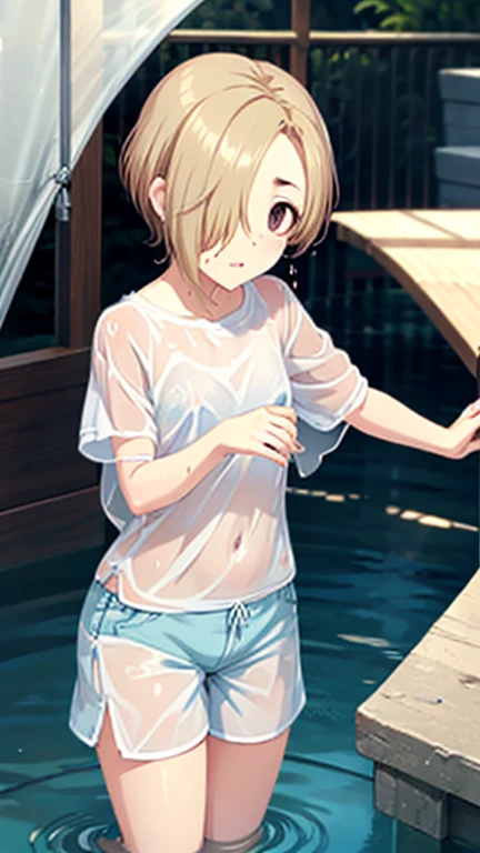 Best Quality, 1 girl,(((()))), flat chest, orgasm ,, sweat,  blond hair , white shirt ,Dolphin Shorts((Wet, see-through :1.1)),Erect nipples, Blonde, hair over one eye, short hair,  Brown Eyes ,  flat chest,(Hiding one eye),Hidden right eye
