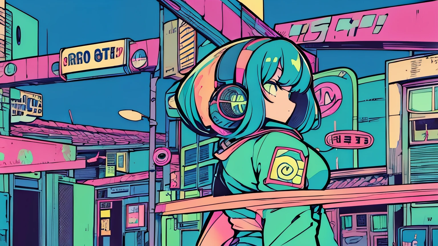 best quality , (masterpiece:1.2), Best detailed face,A girl is walking, Big Breasts, 18, 8k,Absurd,Unity 8K Wallpapers,( very detailed :1.3), Most realistic, (Retro headphones:1.1),( psychedelic:1.2),Retro Town並み, One Girl, retro art style , Neon Art Style_, public, Outside the house, road signs, Loose clothing, 18,Many signs have kanji written on them, ((Retro Town feeling)), Dark Green Palette