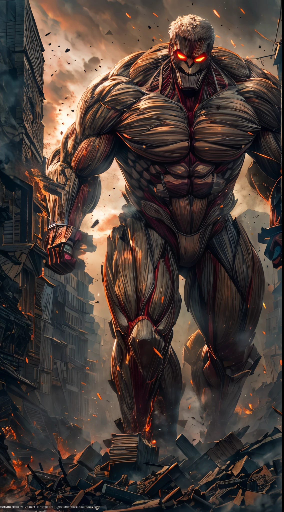 (The best quality,4k,highres, masterpiece :1.2),ultra-detailed,(realistic,photorealistic,photo-realistic:1.37),animated,Character design,(big, Colossal:1.1)  Armored Titan ,  intimidating and powerful ,  Muscular body with intricate details Incinquated .,  dark and threatening appearance , (destructive,  wreaking havoc :1.1),  ruined urban landscape , Ruined buildings,  Ripples of smoke and debris ,  Terrified and scattered civilians , (dynamic, action packed:1.1) battle scene,   thunderous steps  , epic clash with other titans, (Dramatic, intense:1.1) lightning, Destacando la bigza de la presencia del titán.,  Dark and grim color palette with flashes of intense red ., (detailed, expressive:1.1) Facial features,  piercing glowing eyes , sharp teeth,  steam emanating from his body , (titan shifters ,  human transformation :1.1),  Humans with vertical maneuvering equipment participating in air combat.,  (apocalyptic, post-apocalyptic:1.1) atmosphere,  Insinuating a dark and dystopian world , (majestic, MONUMENTAL:1.1) scale, showcasing the titan's immense size and destructive capability, (epic, Dramatic:1.1)  film composition ,  evoking a sense of wonder and fear .