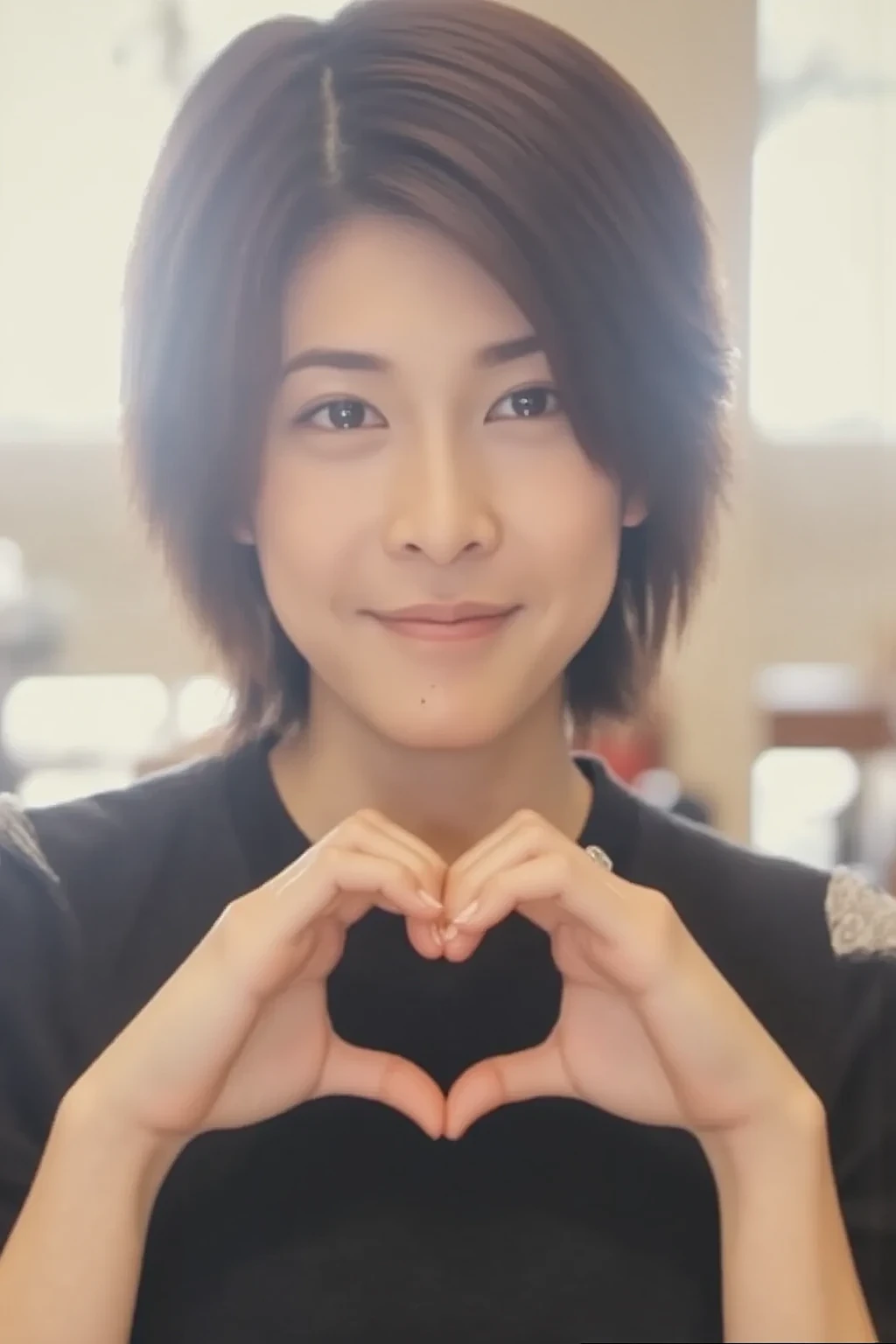 She is posing with both hands firmly in the shape of a big heart and holding it in front of her chest with a smile, (masterpiece), (Best Quality), ( very detailed ), (One Girl), (bikini),  in the center standing,  fashion model,  (Ultra Precise Human Body Structure   ,   best quality 、RAW Photos、8k、32K、masterpiece、Realistic、Realistic:1.37)、Cute Japanese women images、Photographed in natural light、 1 girl、Photo Mapping、   Physically Based Rendering   、Excellent image quality、  Kampala 、1080P、(Beautiful Face)、(Detailed description of the face)、((Detailed CG)、Rich details、(Detailed eyes)、 Delicate clavicle、 very realistic and detailed young woman 、  Beautiful skin、   soft light is reflected in the high part of the cheek、   small pores and hair follicles  、   even the smallest blood vessels are visible、The skin is smooth、natural flushing of cheeks 、Healthy glow、  The eyes are large and clear blue、  The iris has fine patterning、  with light reflecting and shining in the eyes 、  There is a slight shadow under the eye、  with long, naturally curly lashes 、 her lips are soft pink 、  smooth texture and natural shine 、   background is pale black and white gradation  、The focus is completely on the face 、Realistic shadows and textures、 photographic depiction 
