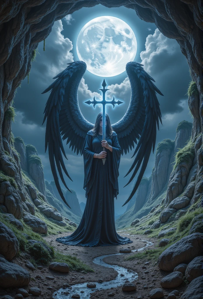 (masterpiece,  has the best quality: 1.2), dragon，Underground Angel, Broken Wings, Holding a blue silver cross, moonlight, Ominous clouds, Dark fantasy illustration style, Dark Arts,  high contrast , Dark Shadows, Atmospheric perspective , Melancholic colors,  Film Composition  ,  Stereoluminized  , number, Brush Strokes,   dramatic lighting  , Low Angle,  surrealism ,  Extraordinary Flora ,  surrealism 