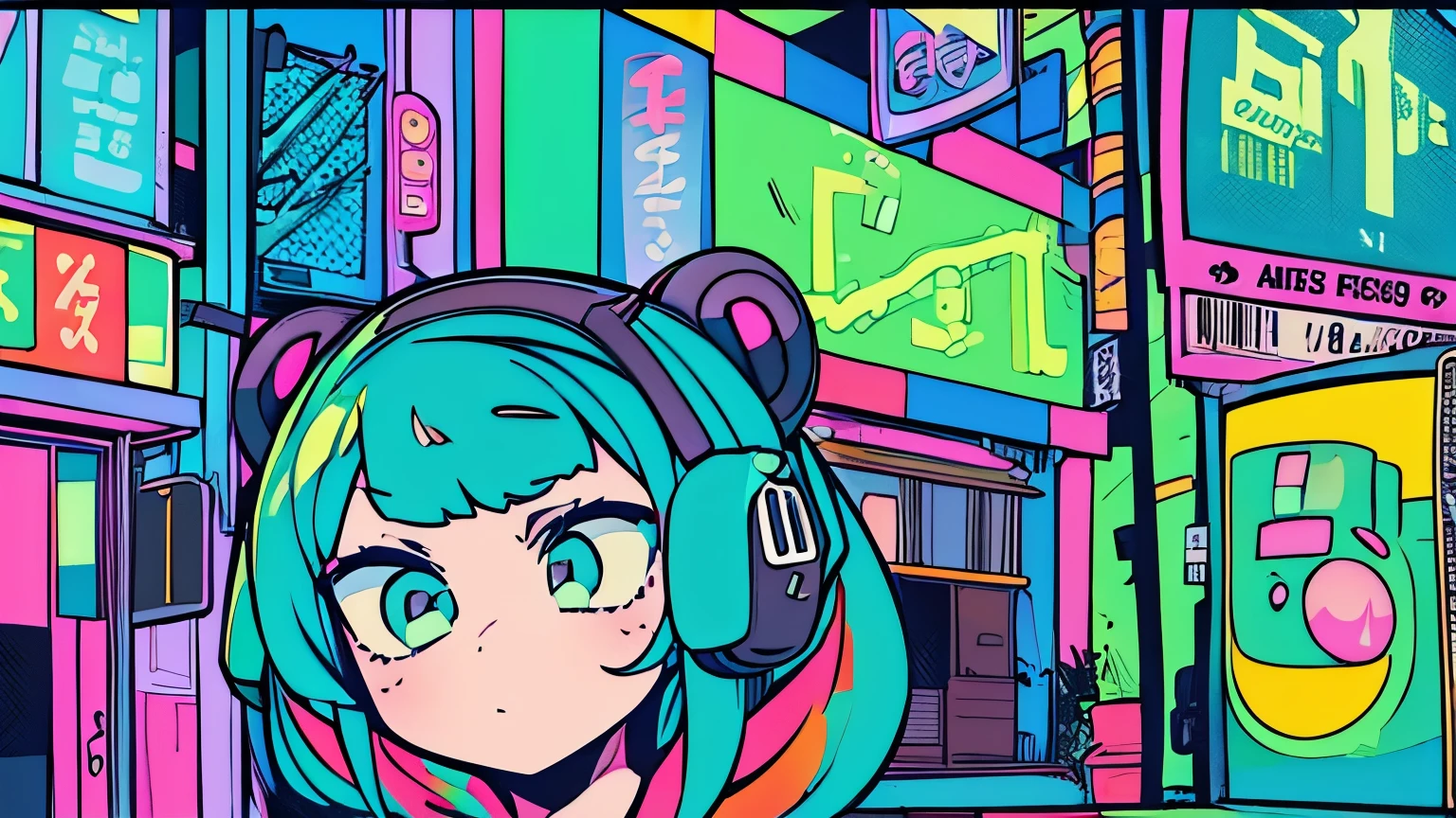 best quality , (masterpiece:1.2), Best detailed face,A girl is walking, Big Breasts, 18, 8k,Absurd,Unity 8K Wallpapers,( very detailed :1.3), Most realistic, (Retro headphones:1.1),( psychedelic:1.2),Retro Town並み, One Girl, retro art style , Neon Art Style_, public, Outside the house, road signs, Loose clothing, 18,Many signs have kanji written on them, ((Retro Town feeling)), Dark Green Palette